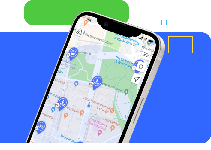 Phone screen on blue background showing the Safe Sense app map menu, green rectangle with rounded edges floating above
