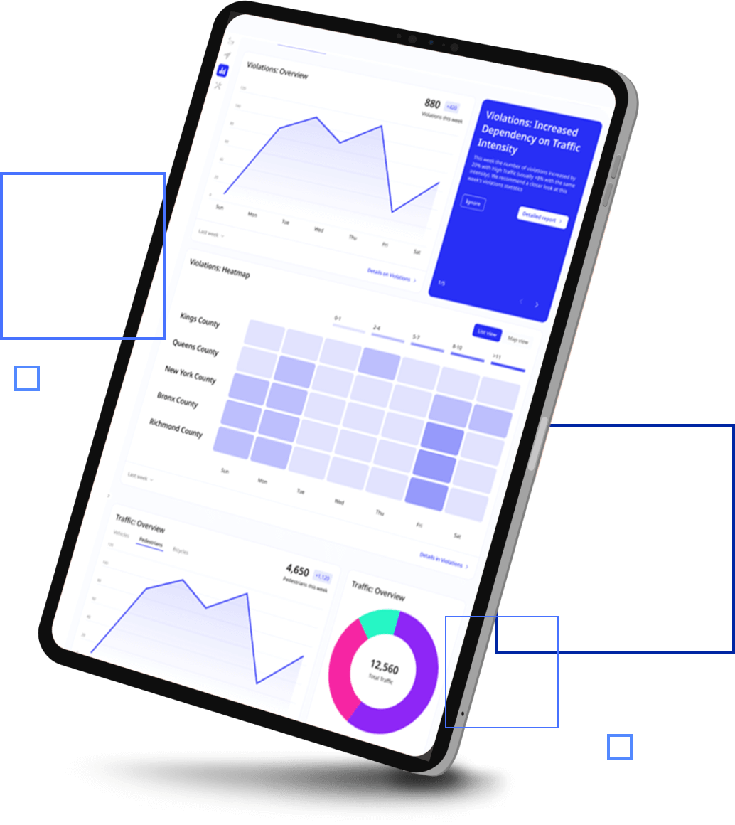 An iPad with a Hayden AI data dashboard shown on the screen, brightly colored graphs and tables